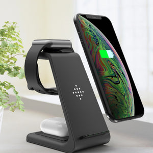 Black 3-in-1 wireless charging station for phone, watch, and earbuds