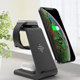 Black 3-in-1 wireless charging station for phone, watch, and earbuds
