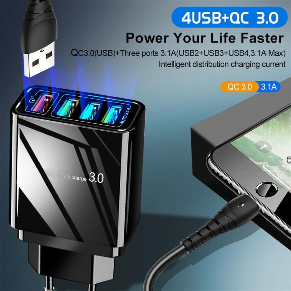 4 Port USB Wall Charger with 30W Fast Charging Technology