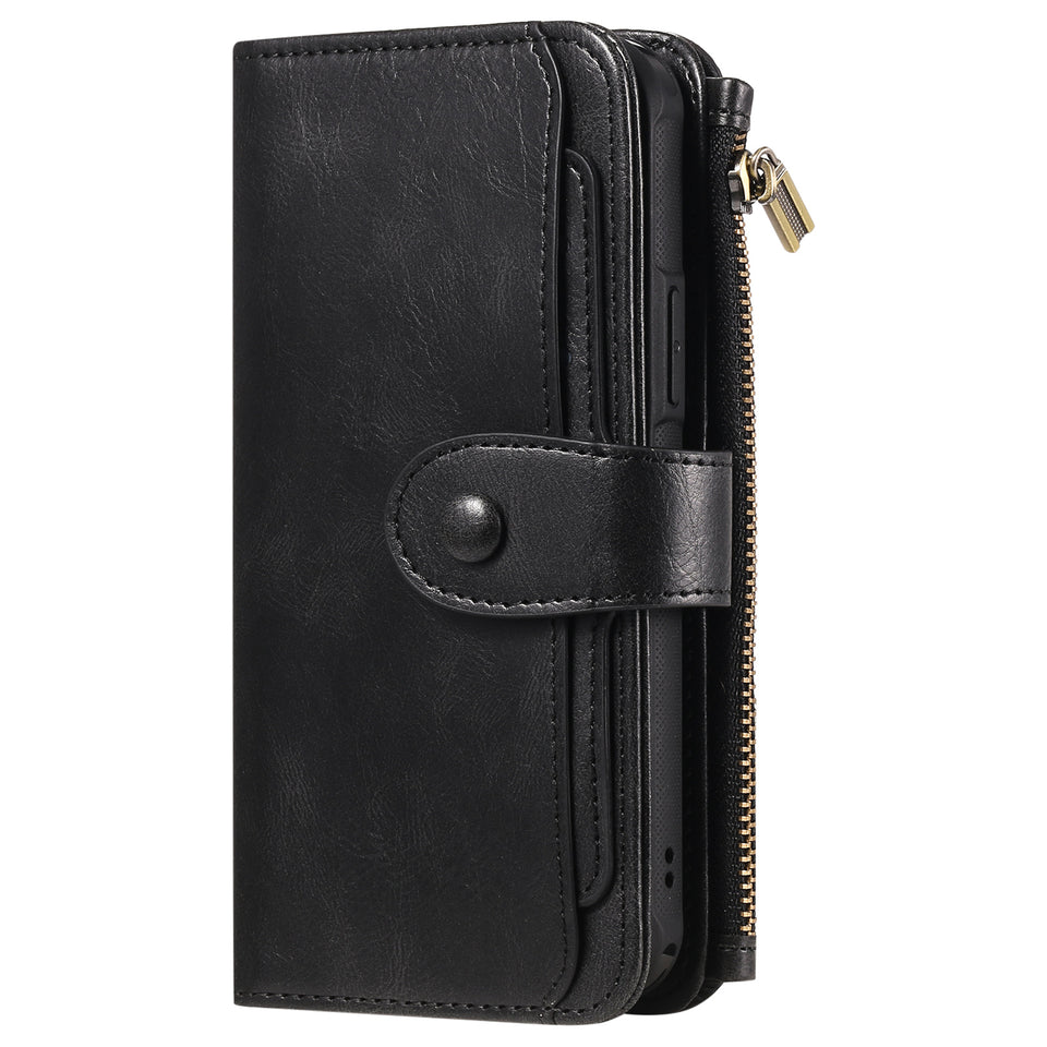 Black magnetic leather wallet phone case with card holder
