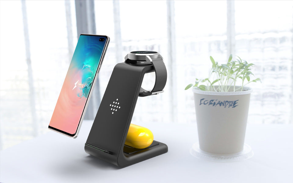 Compact charging station for earbuds, phone, and watch