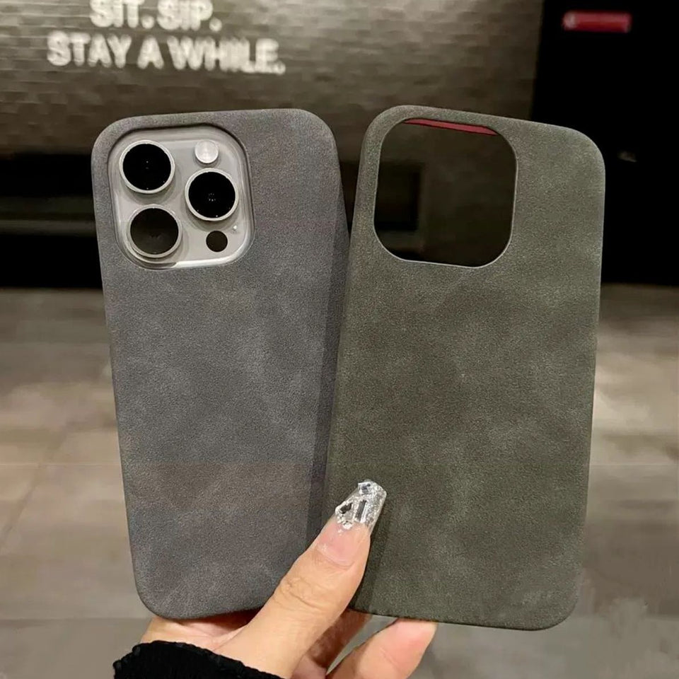Light gray premium suede iPhone case with shockproof protection